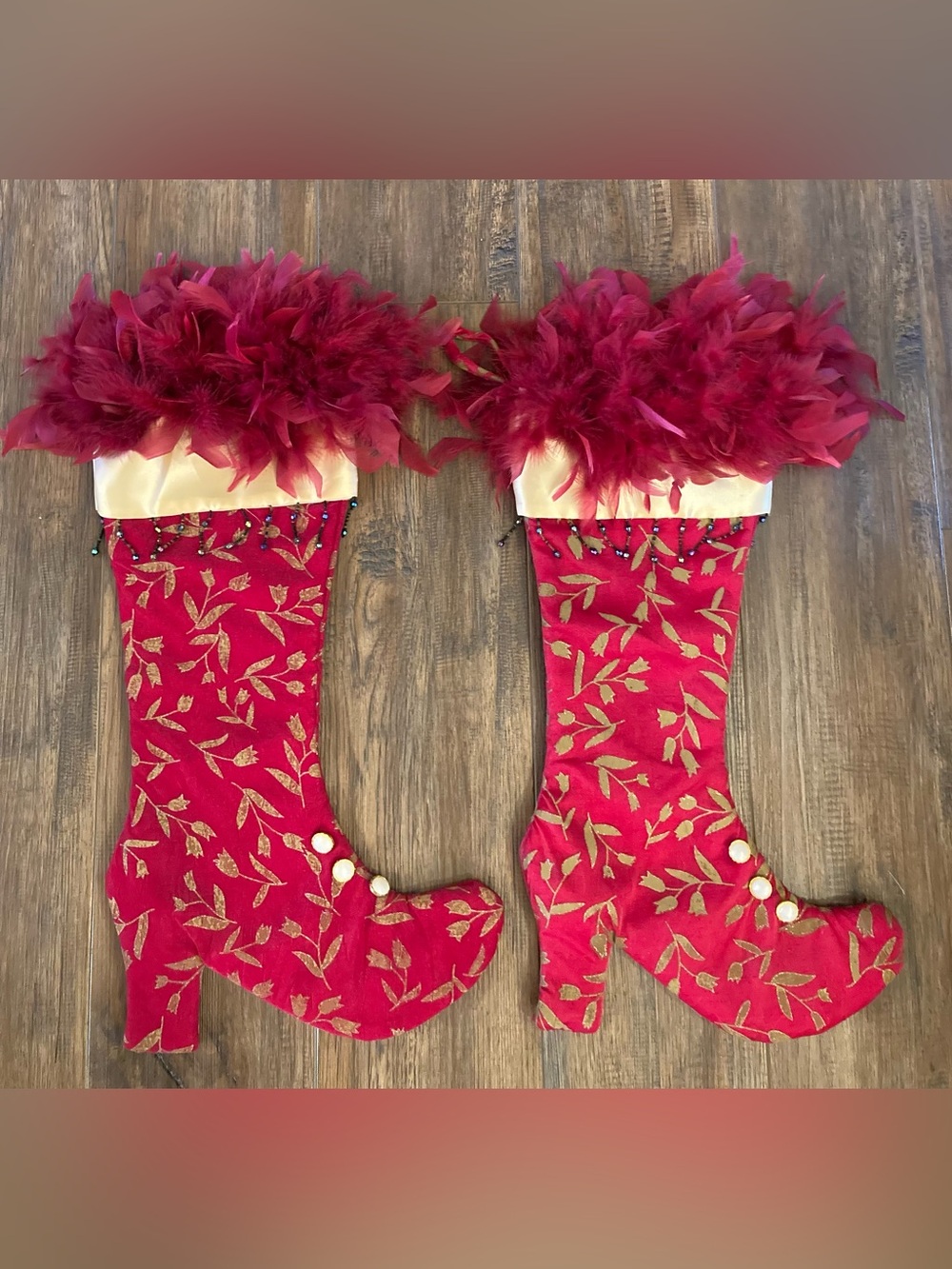 2 Red, Burgundy, Gold & Green High Heeled Boot Christmas Stocking